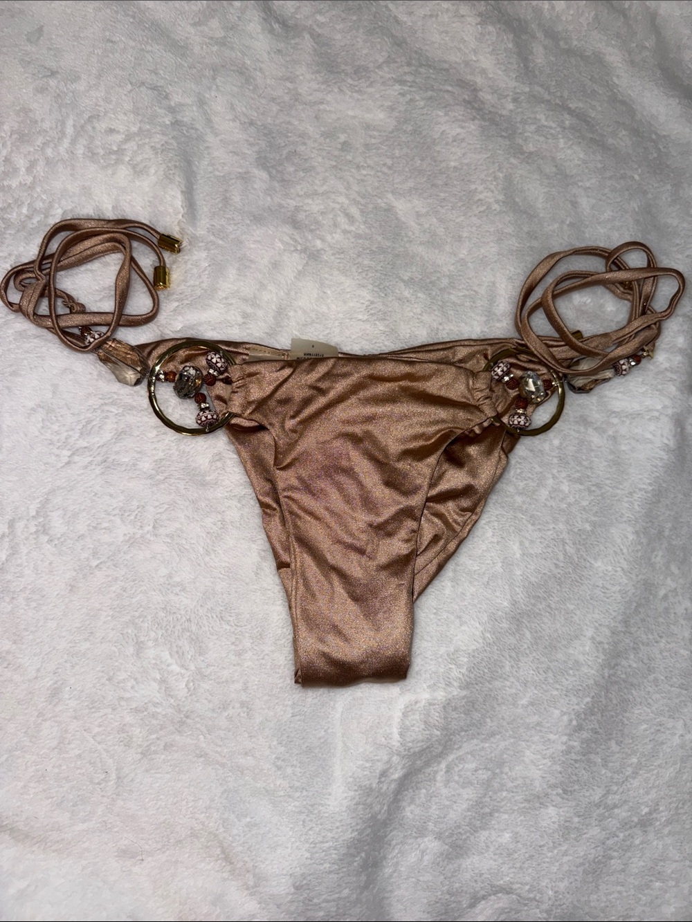 Beach Bunny Metallic Rose Gold Bikini Bottom with Beaded Ring Details